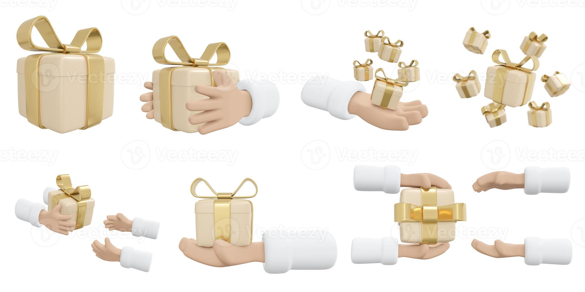 3D Rendering of set of hand holding luxury gold gift box concept of present decoration icon collection for commercial design isolated on white background. 3D Render illustration cartoon style. photo
