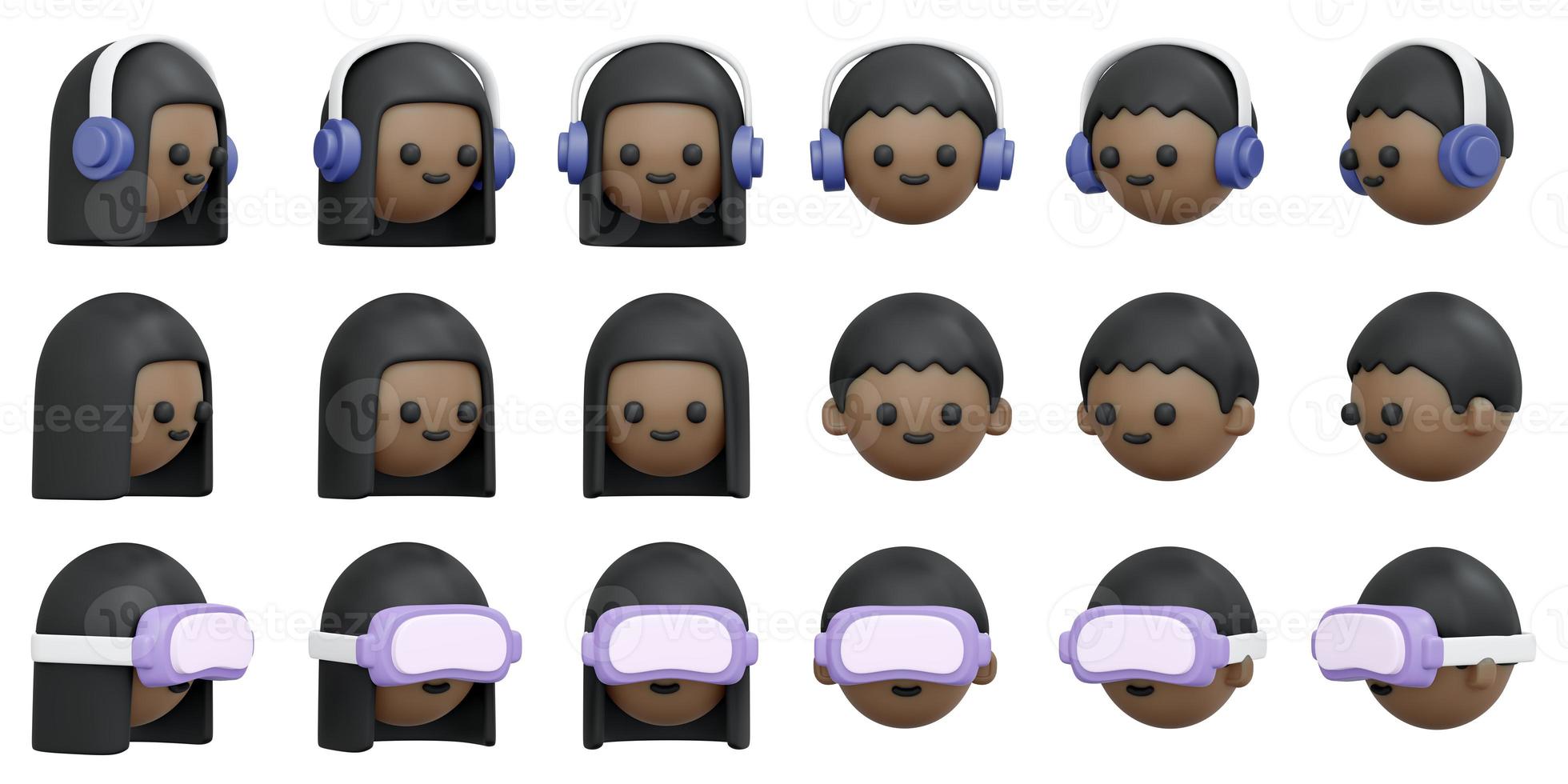 3D Rendering collection of African American of male and female face rotate in many views animation with VR metaverse glasses and headphone isolate on white background. 3D Render illustration cartoon photo