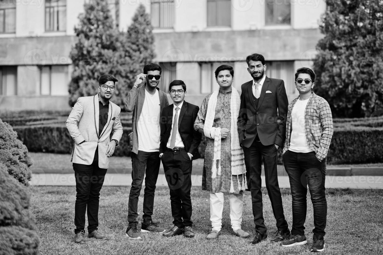 Group of six south asian indian mans in traditional, casual and business wear. photo