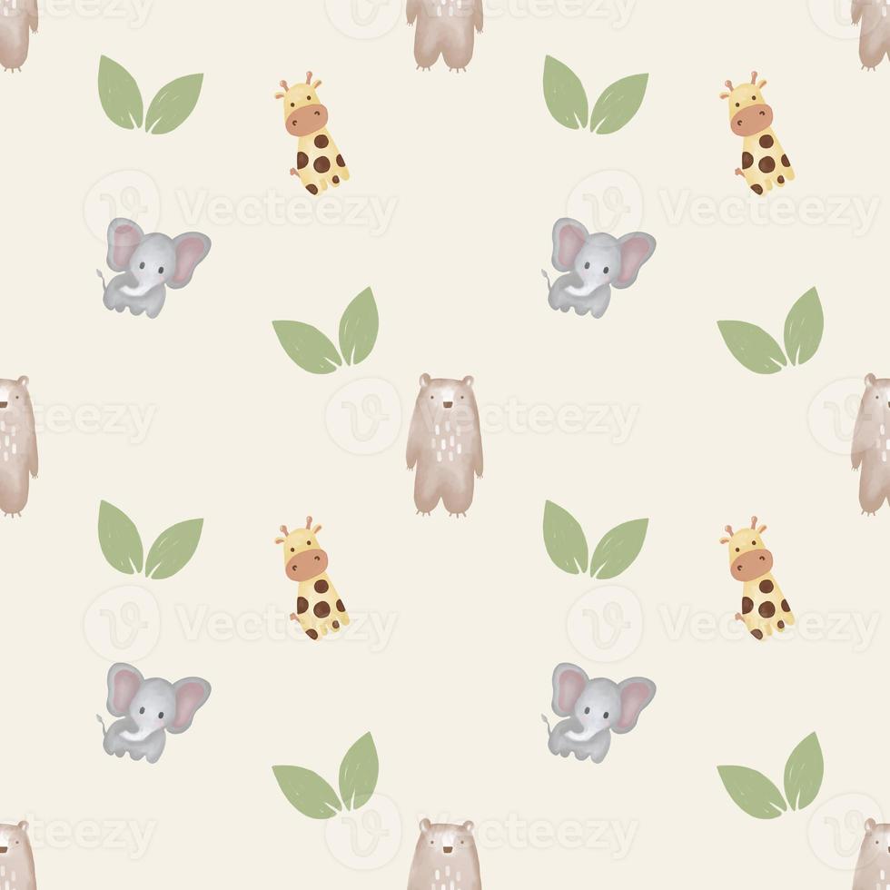 Cute seamless hand drawn watercolor giraffe bear elephant and leaves pattern background photo