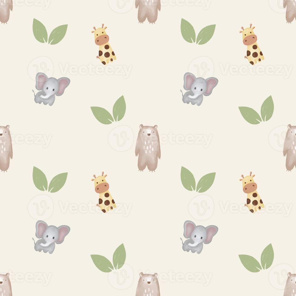 Cute seamless hand drawn watercolor giraffe bear elephant and leaves pattern background photo