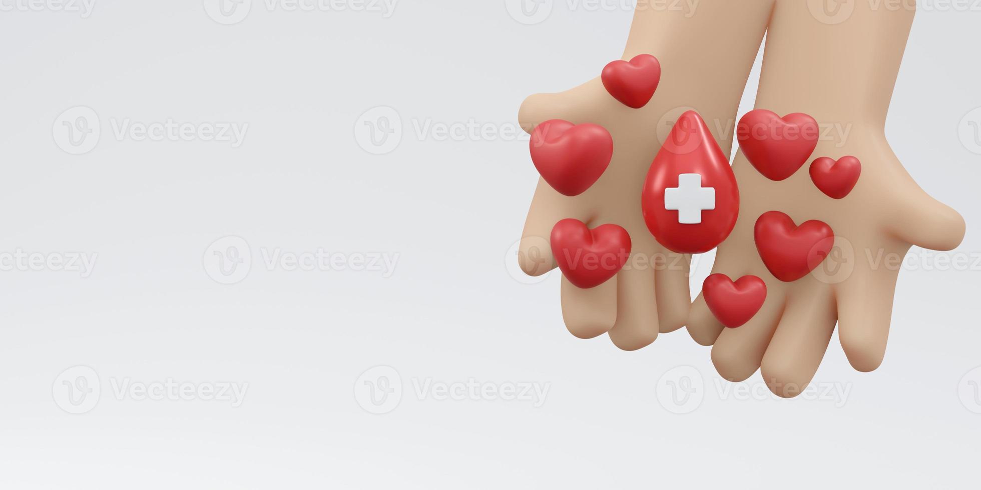 3D Rendering of hand holding blood drop with red cross sign background, banner, card, poster concept of world blood donation day. 3D Render illustration cartoon style. photo