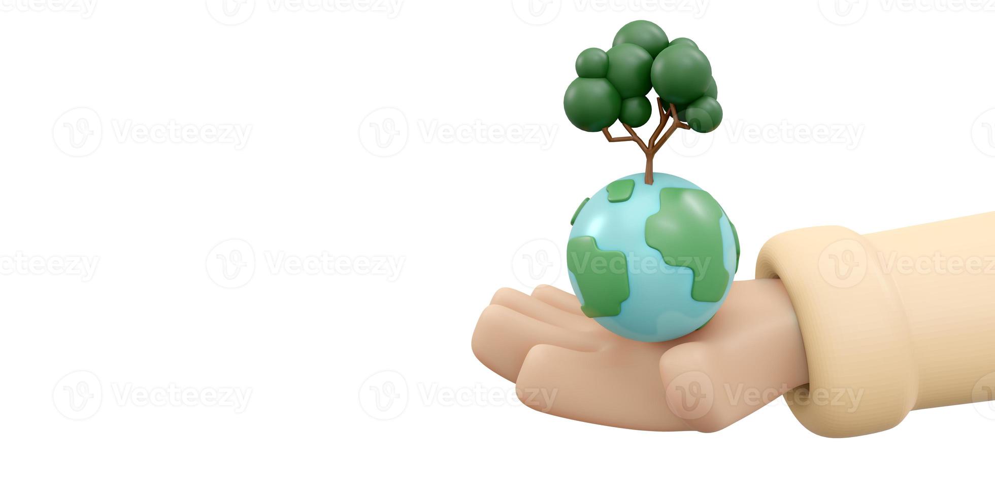 3D Rendering of hand holding earth and tree icon concept of World Environment Day background, banner, card, poster. 3D Render illustration cartoon style. photo