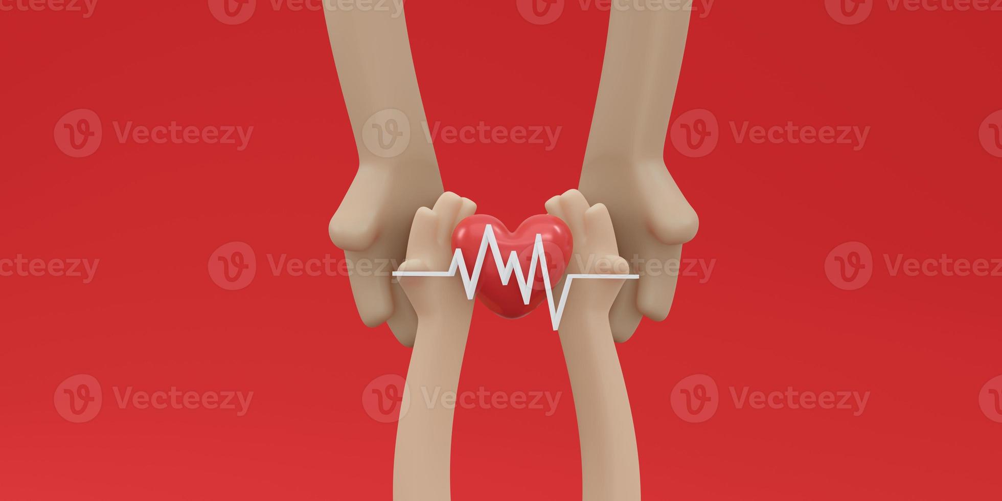 3D Rendering of hand holding heart with lifeline on red background concept of blood and organ donation. 3D render illustration cartoon style. photo