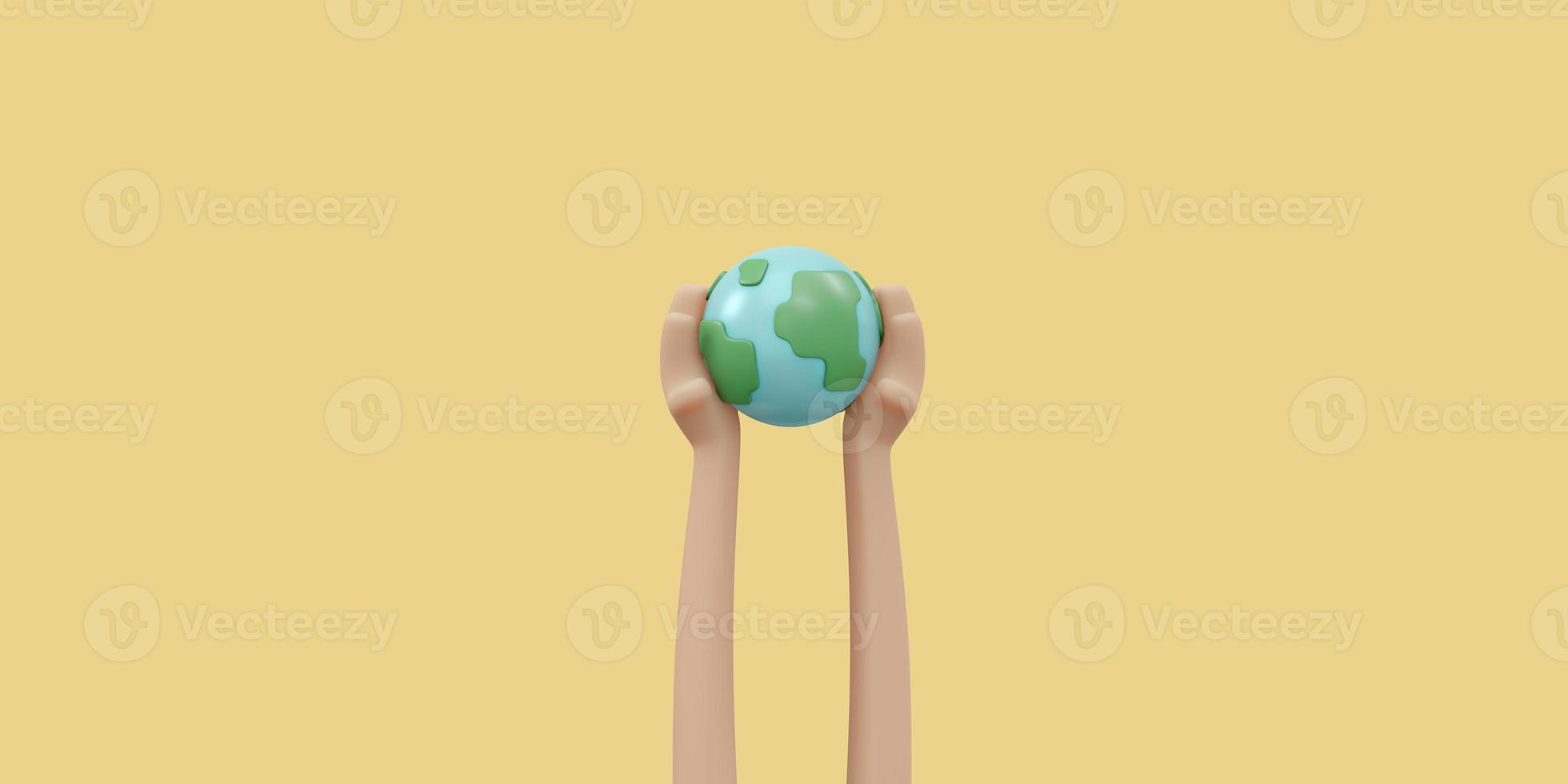 3D Rendering of hand holding earth icon concept of earth day background, banner, card, poster. 3D Render illustration cartoon style. photo