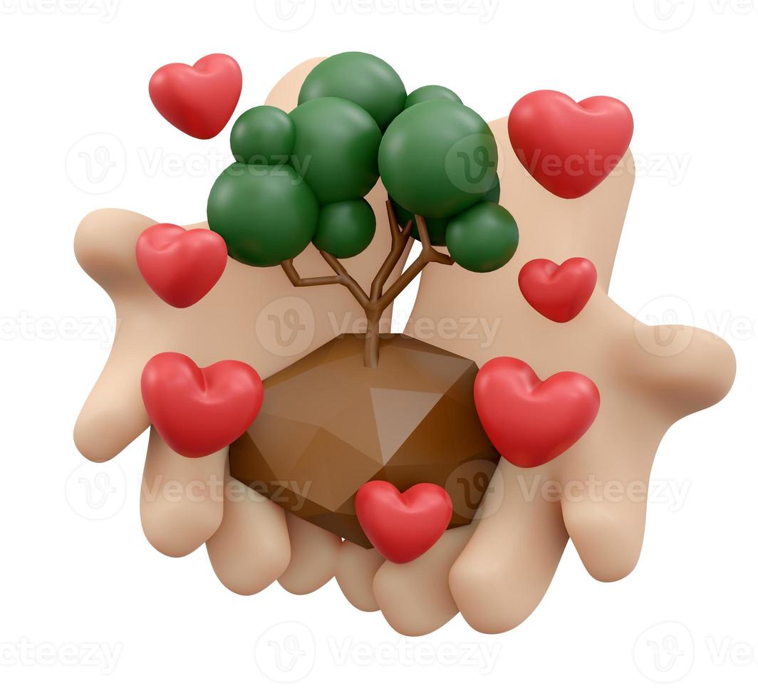 3D Rendering of hand holding tree and heart icon concept of World Environment Day background, banner, card, poster. 3D Render illustration cartoon style. photo