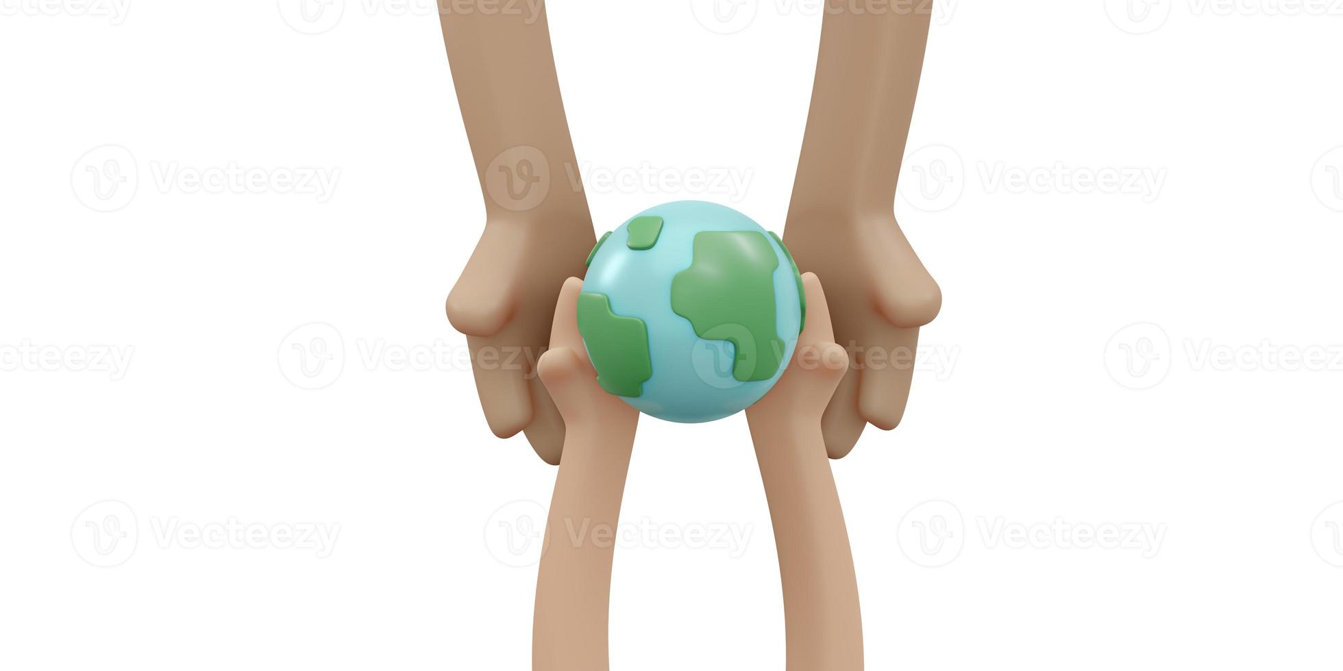 3D Rendering of hand giving earth icon to hand concept of earth day background, banner, card, poster with text inscription. 3D Render illustration cartoon style. photo