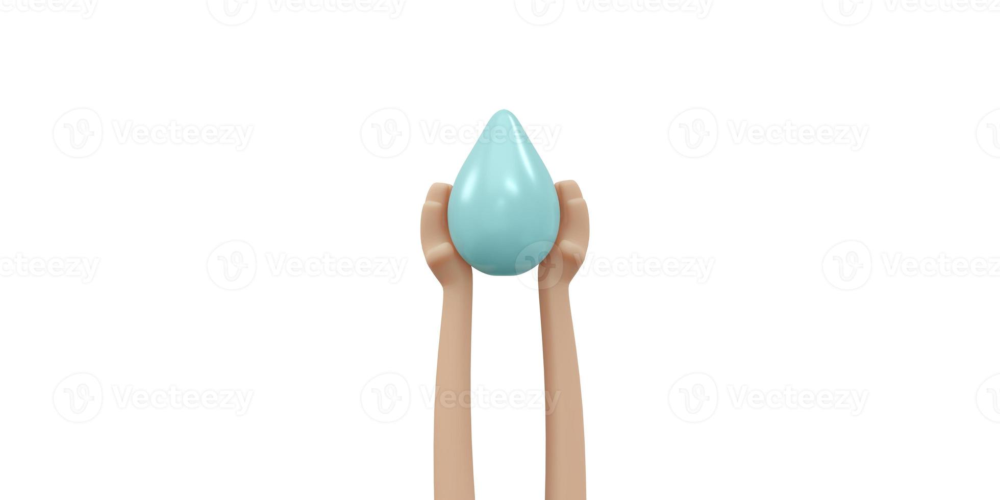 3D Rendering of hand holding water drop concept of world water day. 3D Render illustration cartoon style. photo