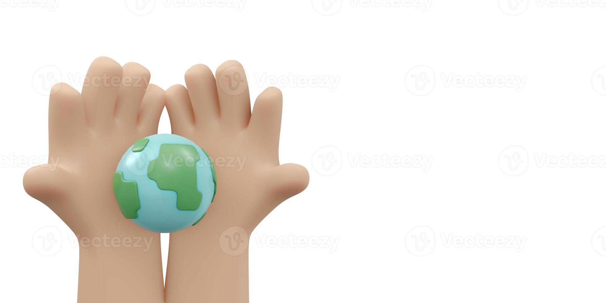 3D Rendering of hand holding earth icon concept of earth day background, banner, card, poster. 3D Render illustration cartoon style. photo