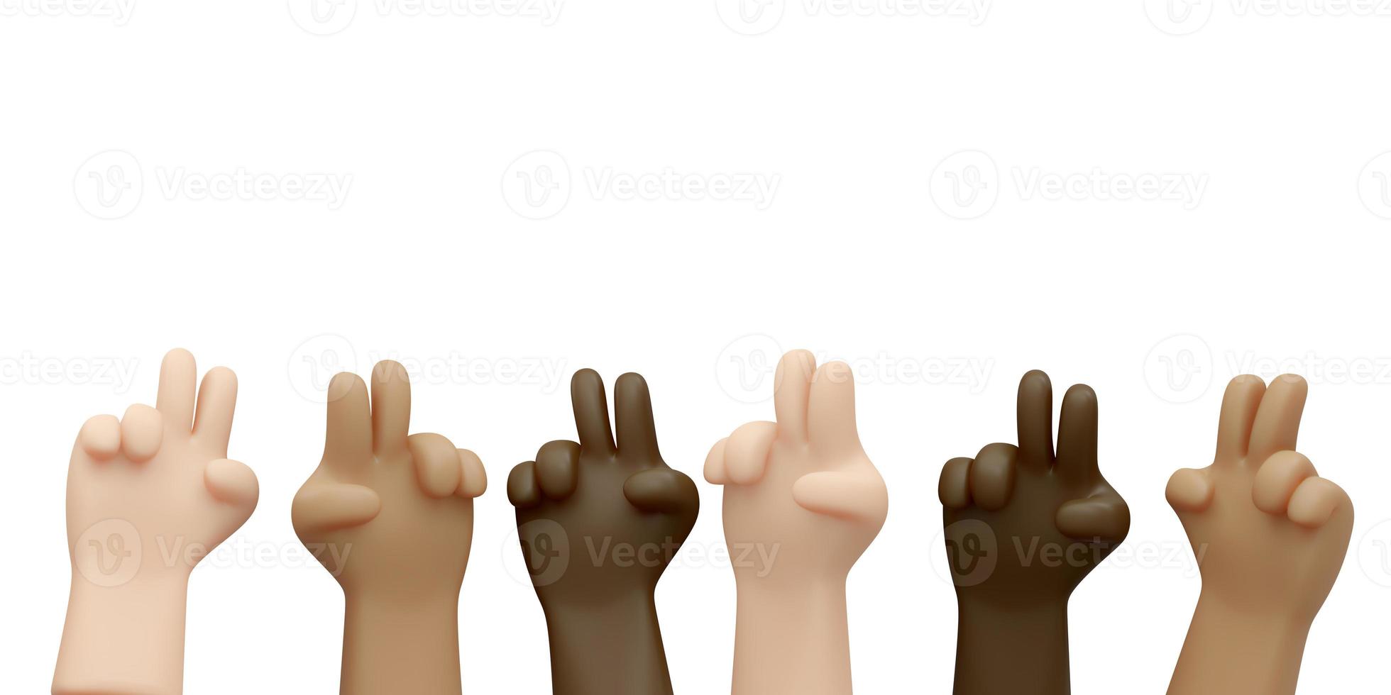 3D Rendering of hands in many color skin gesturing peace sign isolated on white background banner concept of no war stop fighting save the world. 3D Render illustration cartoon style. photo