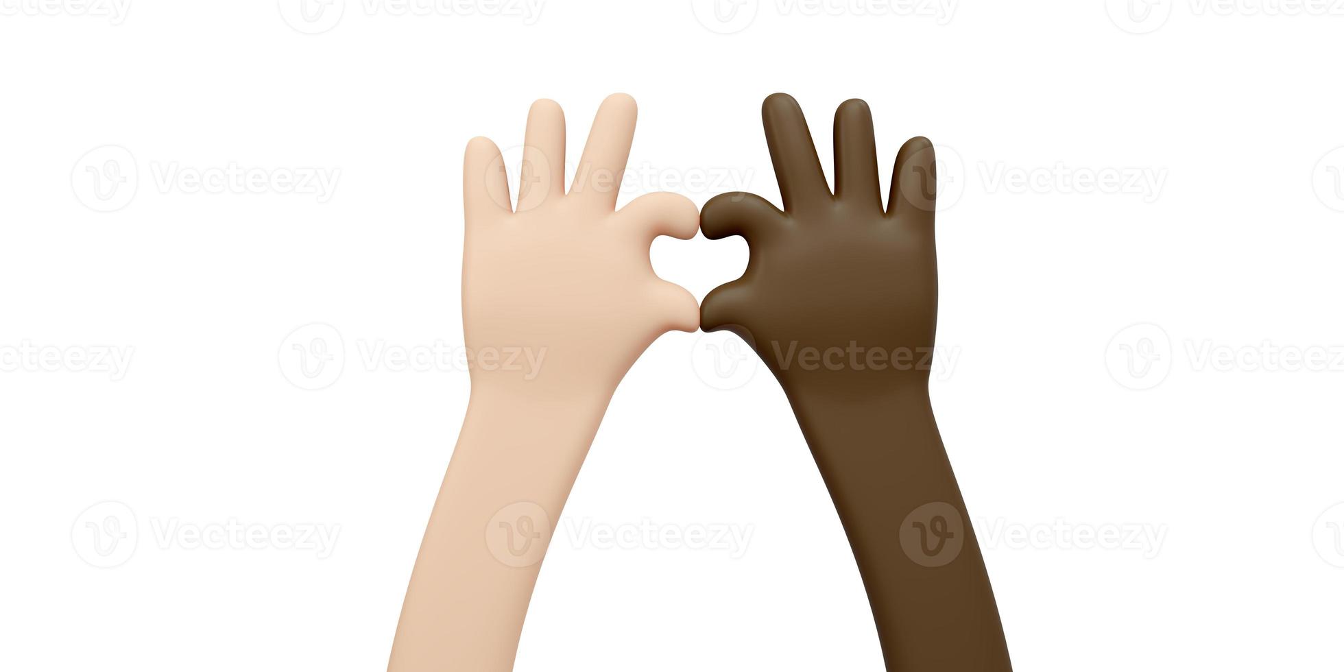 3D Rendering of hands in many color skin gesturing mini heart sign isolated on white background banner concept of stop racism no war stop fighting and equality of human rights. 3D Render illustration. photo
