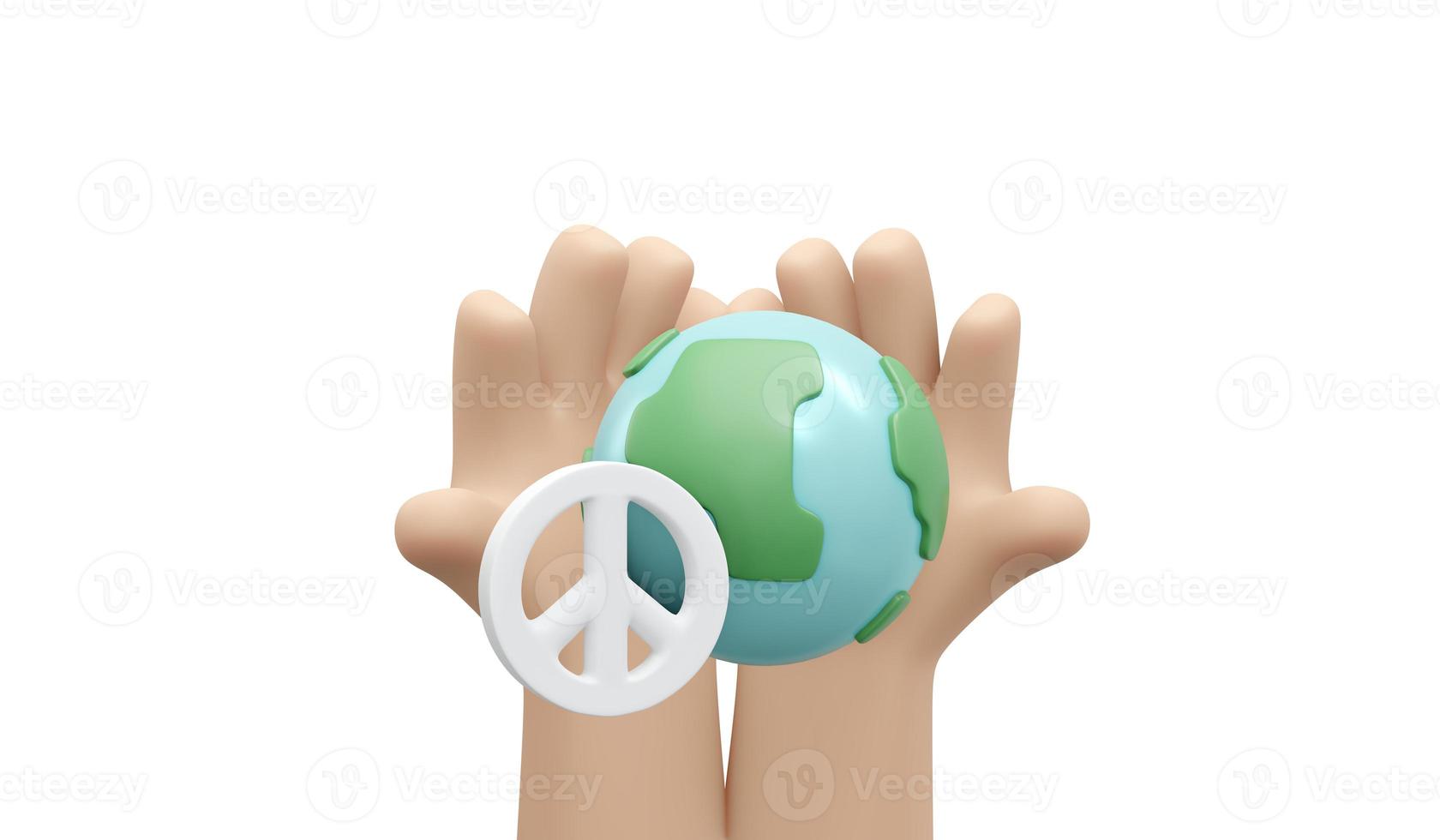 3D Rendering of hand holding globe and peace sign on white background concept of no war stop fighting save the world. 3D Render illustration cartoon style. photo