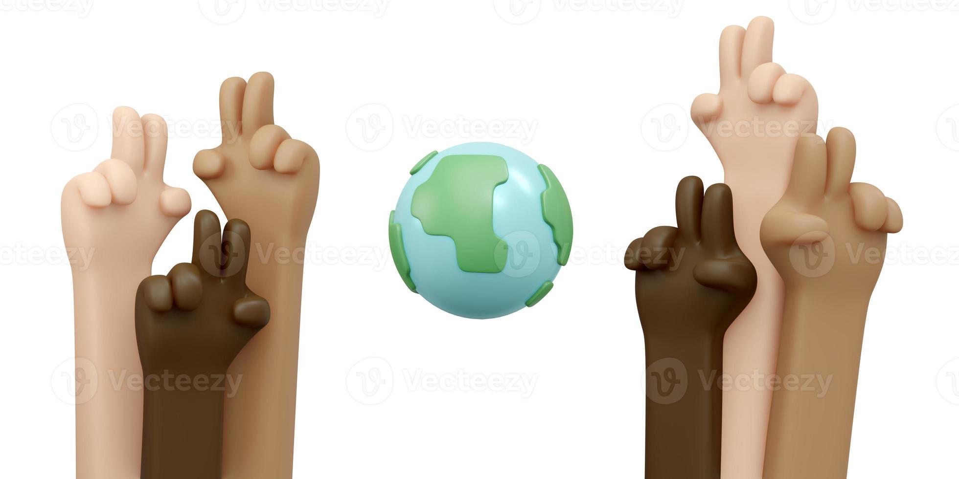 3D Rendering of hands in many color skin gesturing peace sign with globe on white background concept of no war stop fighting save the world. 3D Render illustration cartoon style. photo