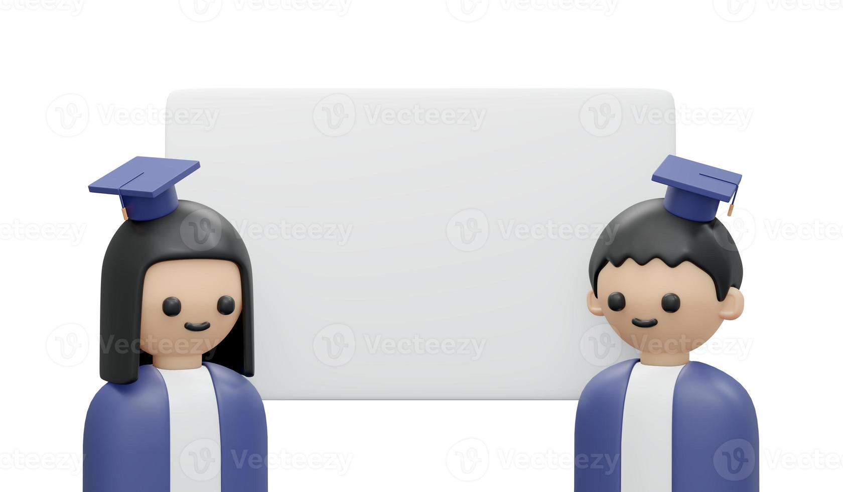 3d rendering of kids with gown and graduation hat with blank paper space for information concept of back to school. 3d render illustration cartoon style. photo