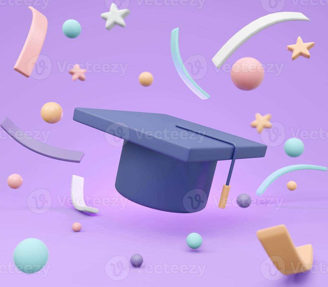 Representación 3d del sombrero de graduación con el concepto de elementos de graduado escolar. Ilustración de procesamiento 3d. foto