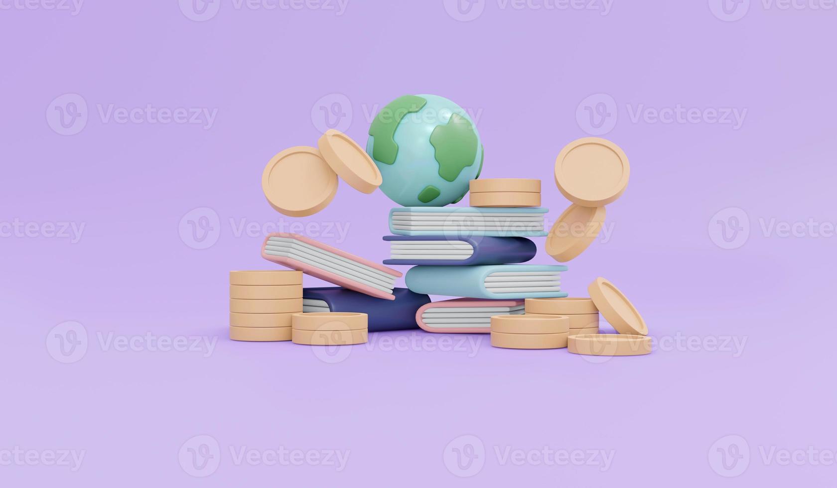 3d rendering of global icon coins and books concept of saving money for education on background. 3d render illustration cartoon style. photo