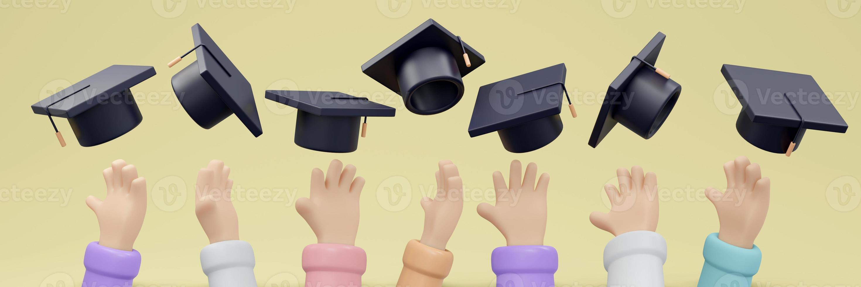 3D Rendering of hand throwing graduation hat concept of school graduate. 3D Render illustration. photo