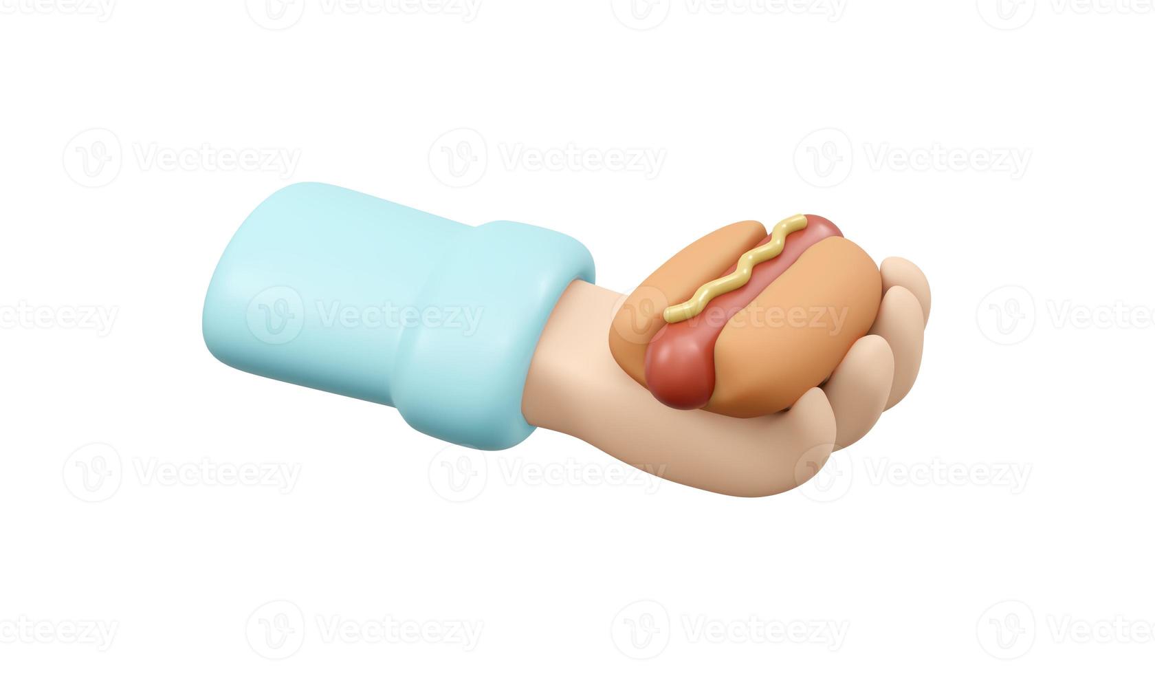 3D Rendering of hand holding hotdog isolate on white background. 3D Render illustration cartoon style. photo