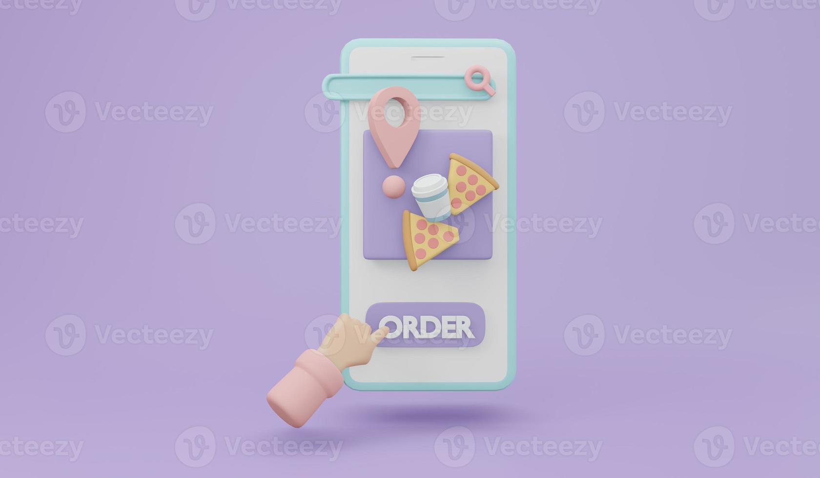 3D Rendering of Phone with food and order button on background concept of online food delivery. 3D Render illustration cartoon style. photo