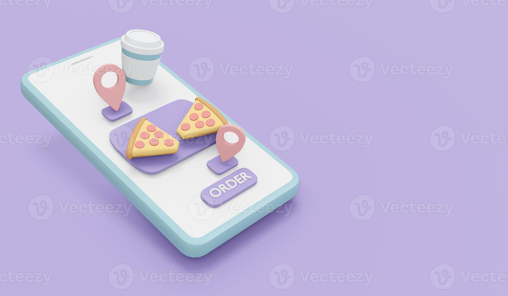 3D Rendering of Phone with food and order button on background for commercial concept of online food delivery. 3D Render illustration cartoon style. photo
