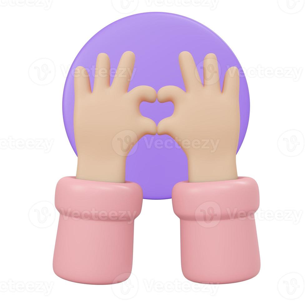 3D Rendering of mini heart love hand sign isolate on white background. 3D Render illustration cartoon style. photo