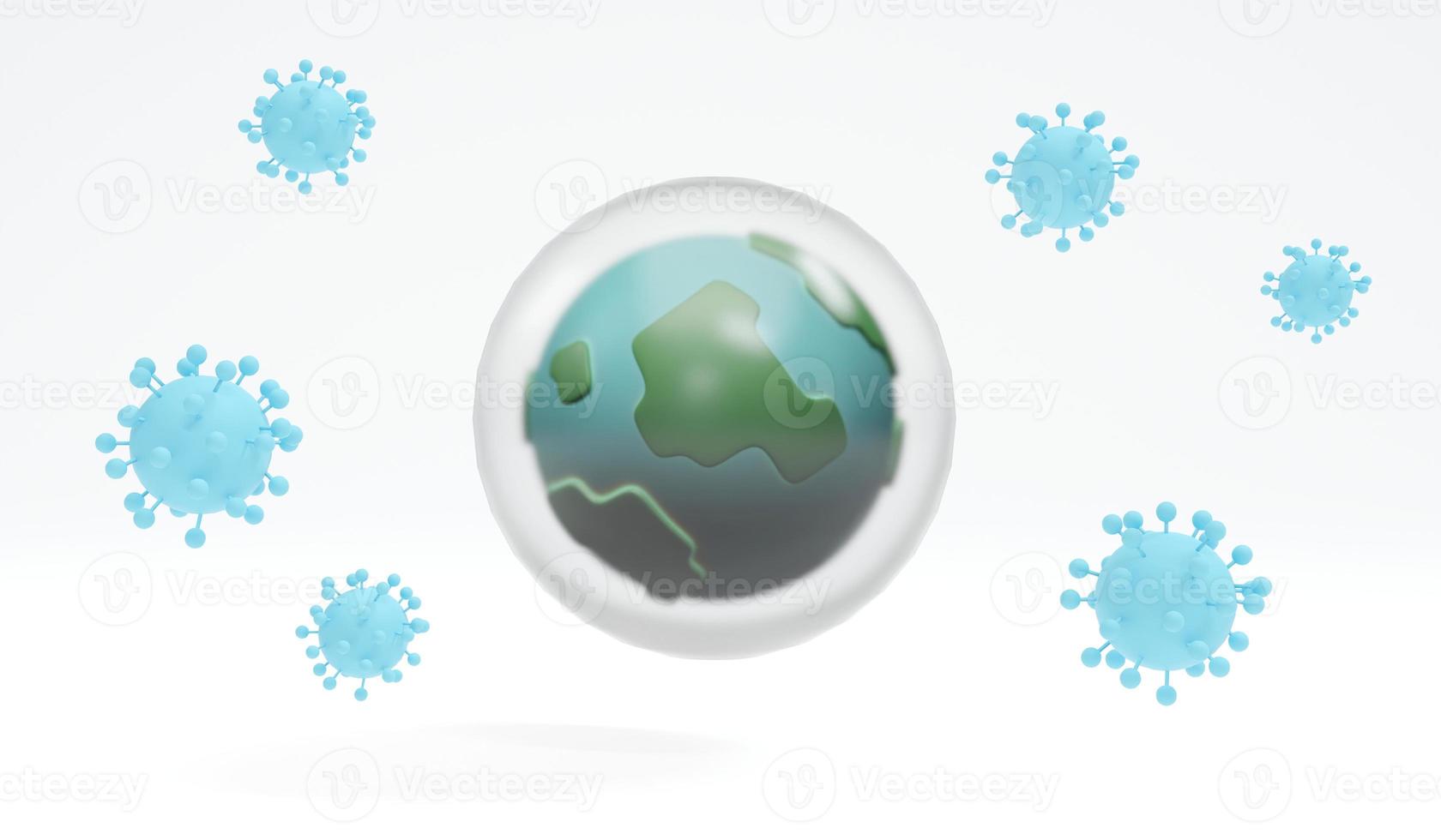 3D Rendering of earth icon with bubble protect from virus concept of world herd immunity on background. 3D render illustration cartoon style. photo