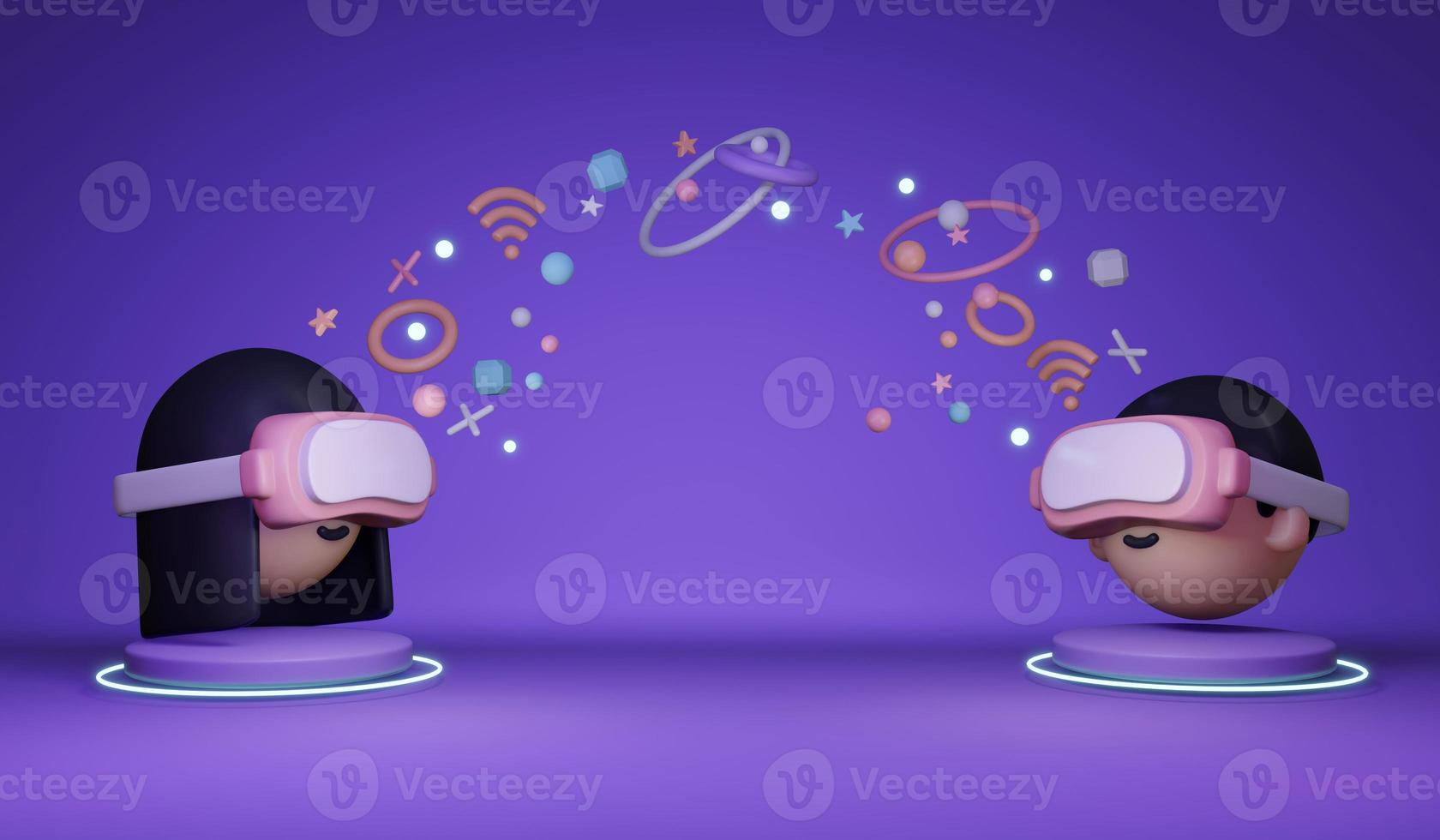 3D Rendering of girl boy with visual reality glasses sharing information platform concept of VR Metaverse technology. 3D Render illustration cartoon style. photo