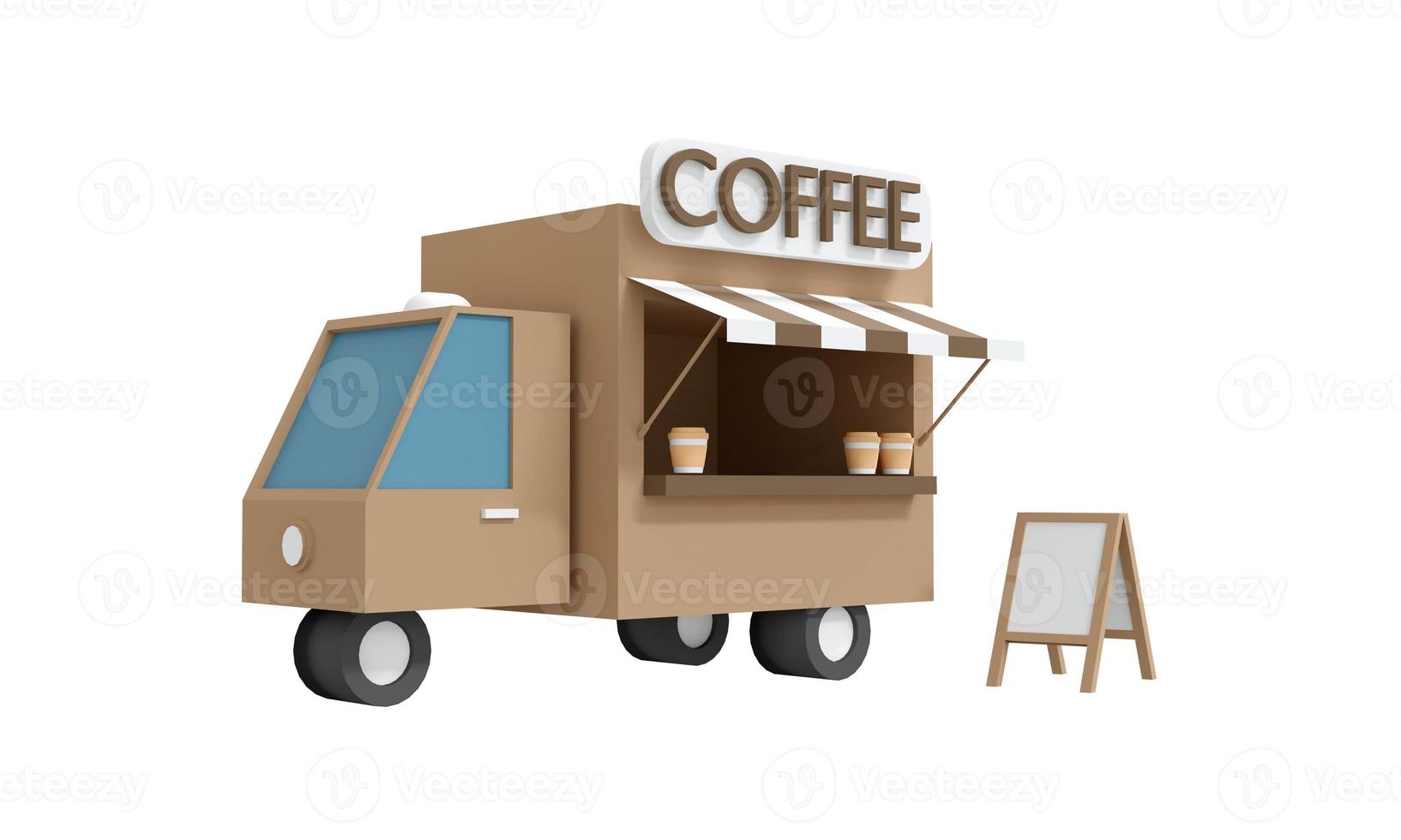 3D Rendering of brown coffee truck isolated on white background. 3D Render illustration cartoon style. photo