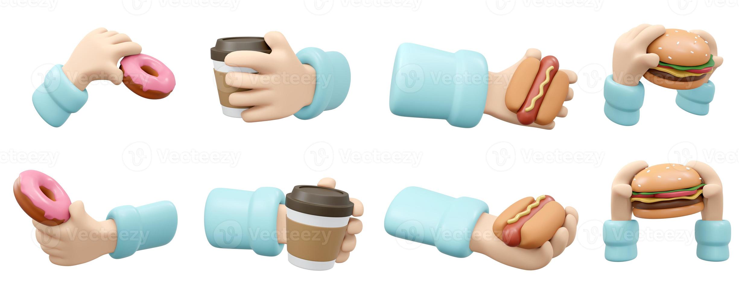 3D Rendering of set of hand holding food and drink doughnut coffee hotdog and burger icon collection for commercial design isolated on white background. 3D Render illustration cartoon style. photo