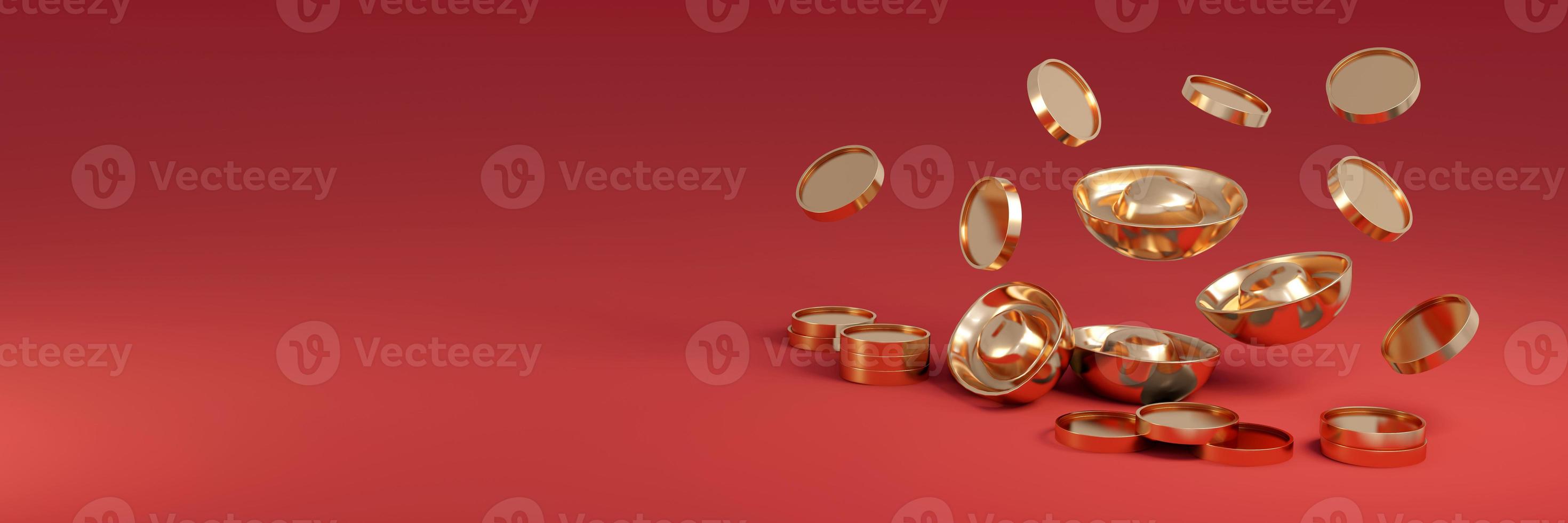 3D Rendering of golden coin and ingot on red background, banner, card, poster concept of wealthy with space for text. 3D Render illustration cartoon style. photo