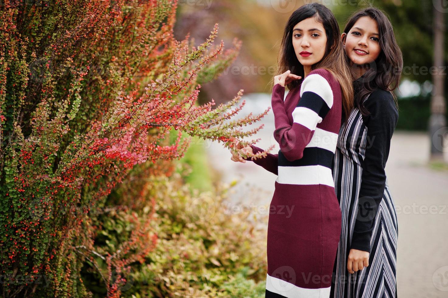 Portrait of two young beautiful indian or south asian teenage girls in dress posed near bushes. photo
