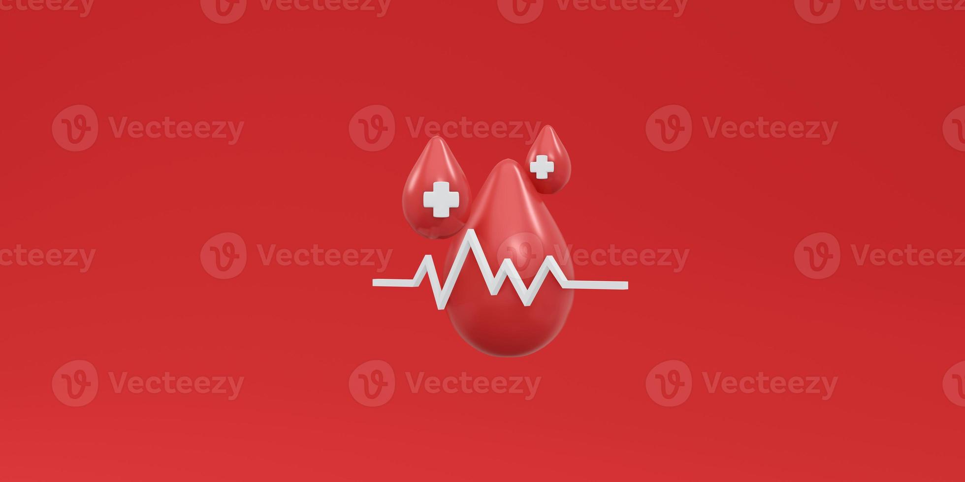 3D Rendering of blood drop with lifeline and red cross sign on red background concept of blood and organ donation. 3D render illustration cartoon style. photo