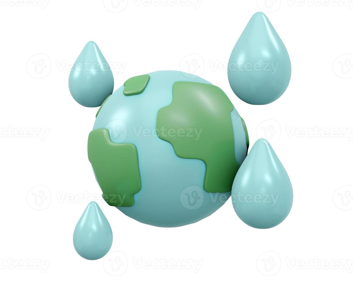 3D Rendering of earth icon with water drop isolated on white background concept of world water day. 3D Render illustration cartoon style. photo