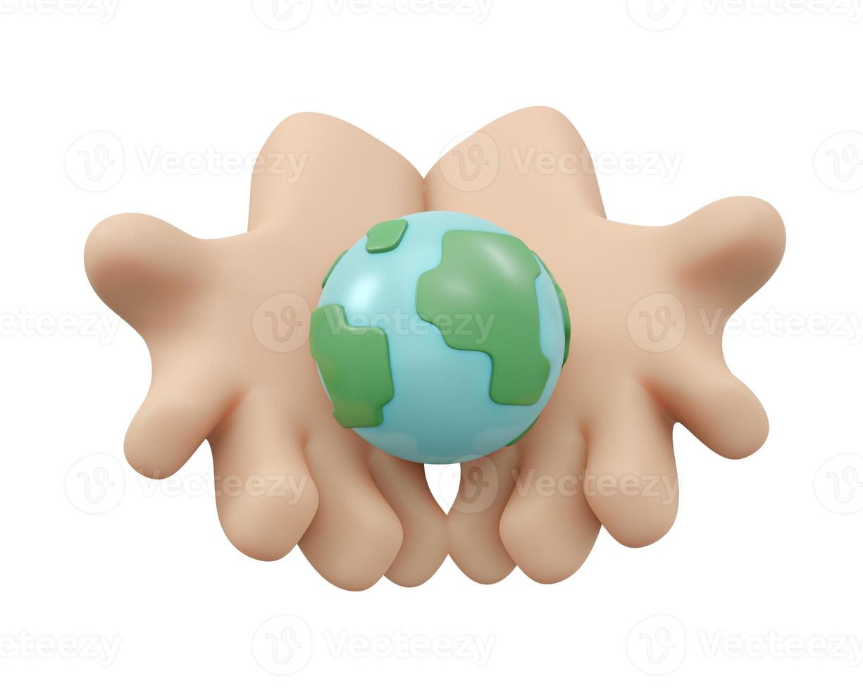 3D Rendering of hand holding earth icon isolated on white background concept of earth day. 3D Render illustration cartoon style. photo