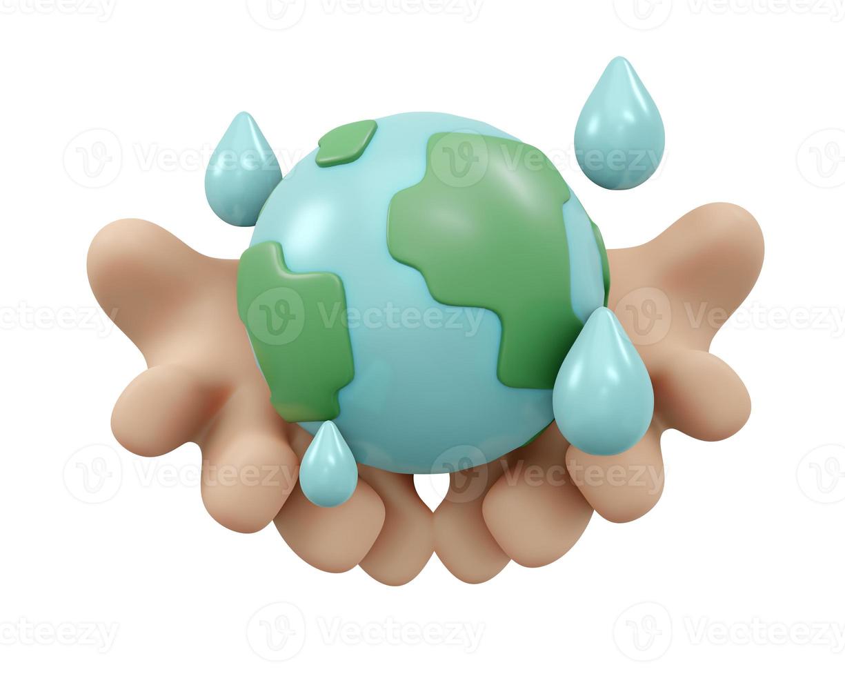 3D Rendering of hand holding earth icon with water drop isolated on white background concept of world water day. 3D Render illustration cartoon style. photo