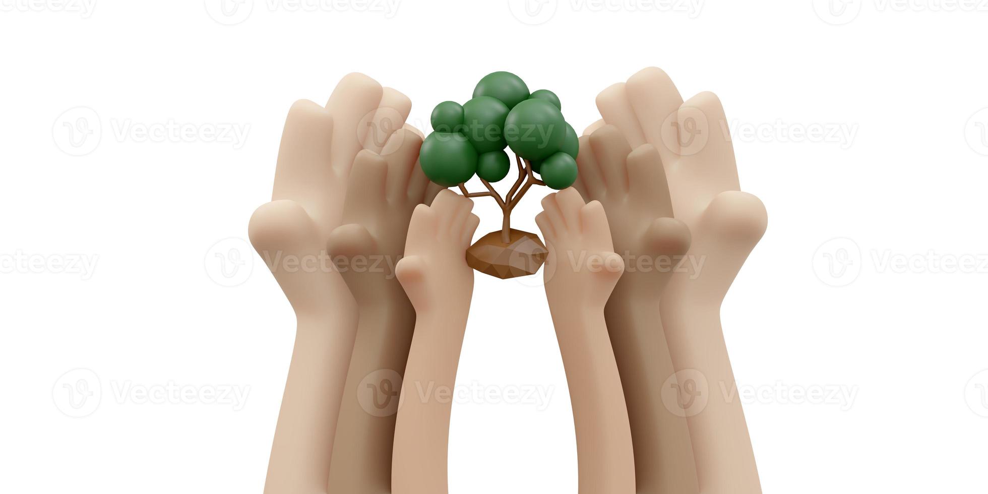 3D Rendering of hand holding tree icon concept of World Environment Day background, banner, card, poster. 3D Render illustration cartoon style. photo