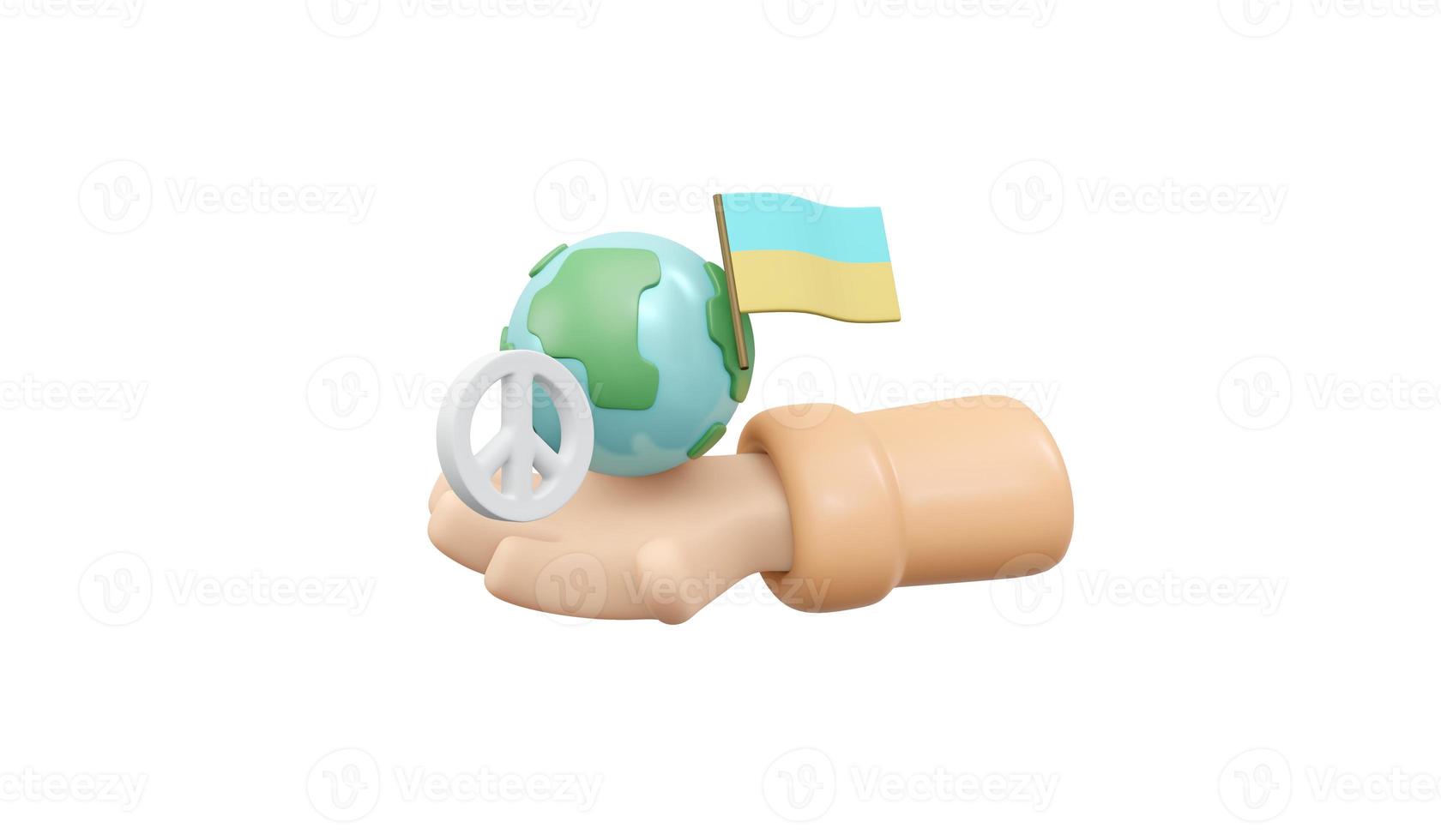 3D Rendering of globe peace sign and Ukraine flag on white background concept of no war stop fighting. 3D Render illustration cartoon style. photo