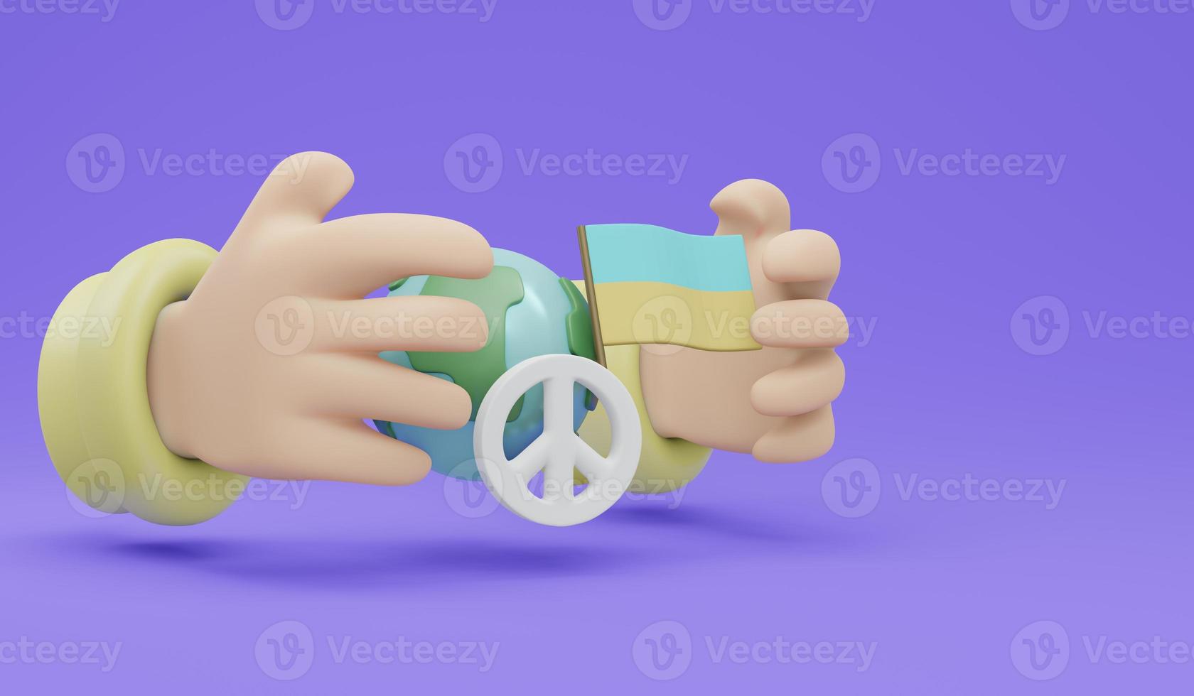 3D Rendering of hand protecting globe peace sign and Ukraine flag on background concept of no war stop fighting. 3D Render illustration cartoon style. photo