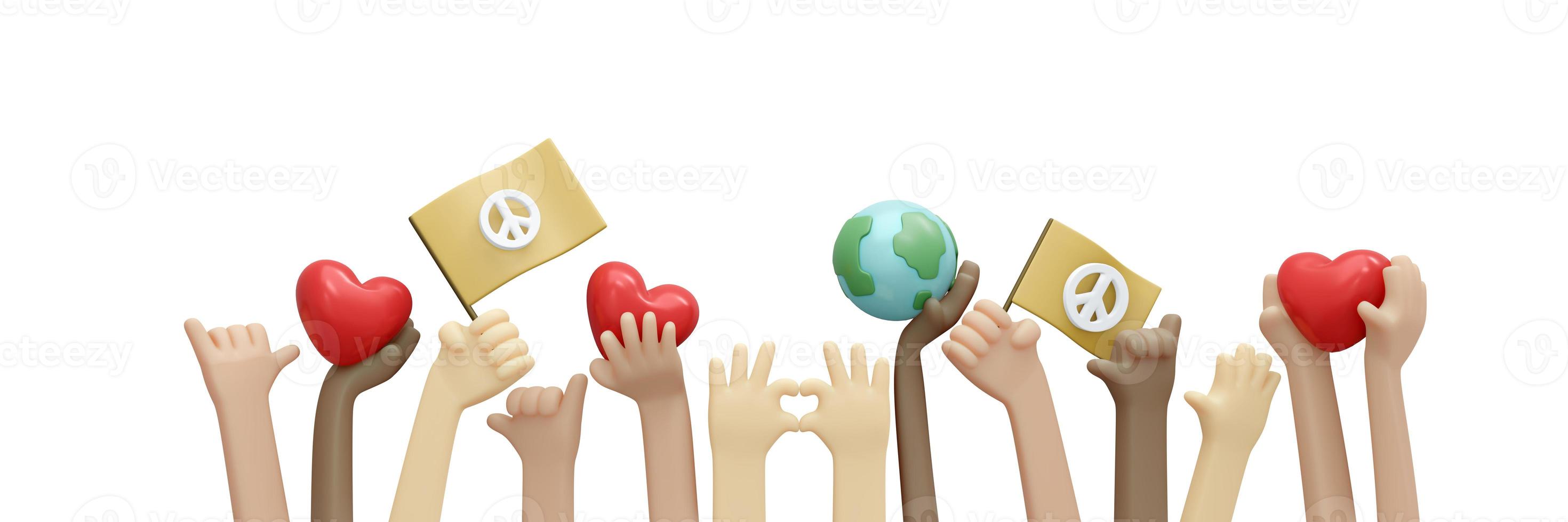 3D Rendering of raising up to protest for peace concept of anti-war stop fighting save the world. 3D Render illustration cartoon style. photo