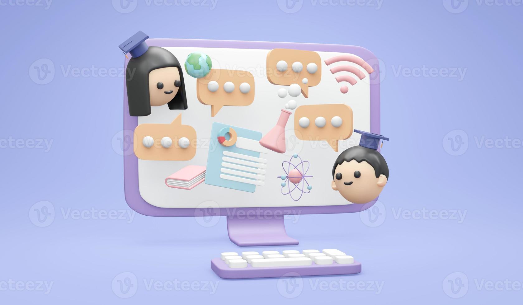 3d rendering of computer with student chatting about study science concept of online studying education. 3d render illustration cartoon style. photo