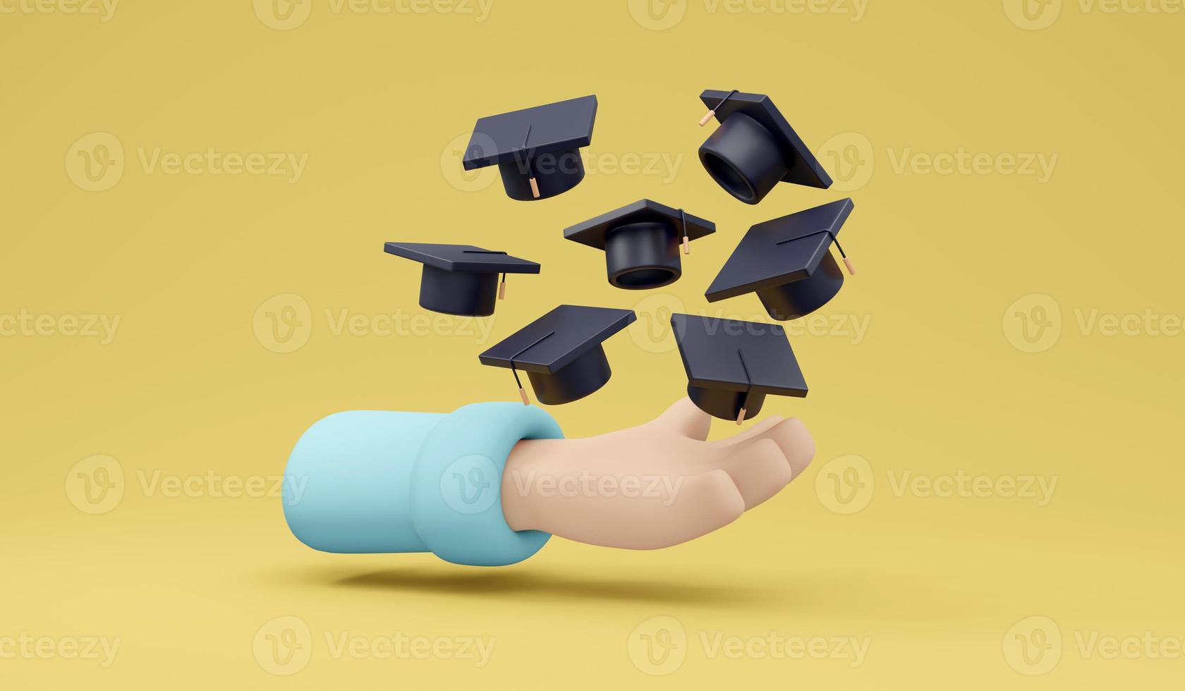 3D Rendering of hand throwing graduation hat concept of school graduate. 3D Render illustration. photo