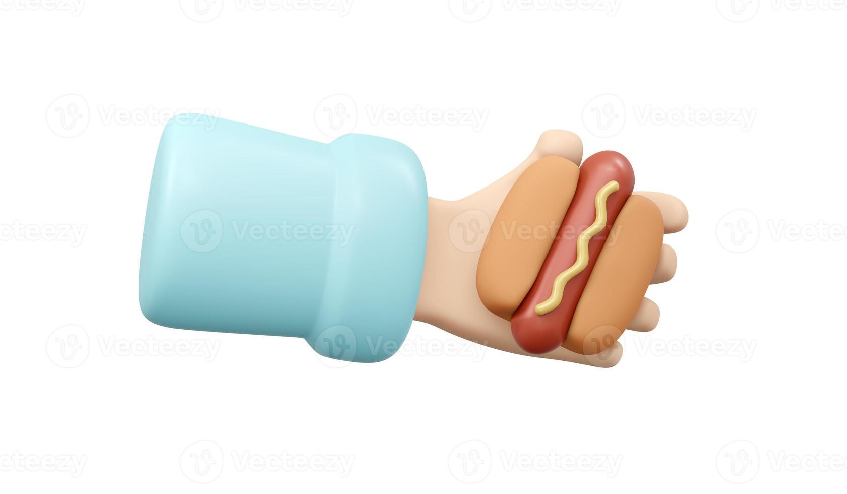 3D Rendering of hand holding hotdog isolate on white background. 3D Render illustration cartoon style. photo