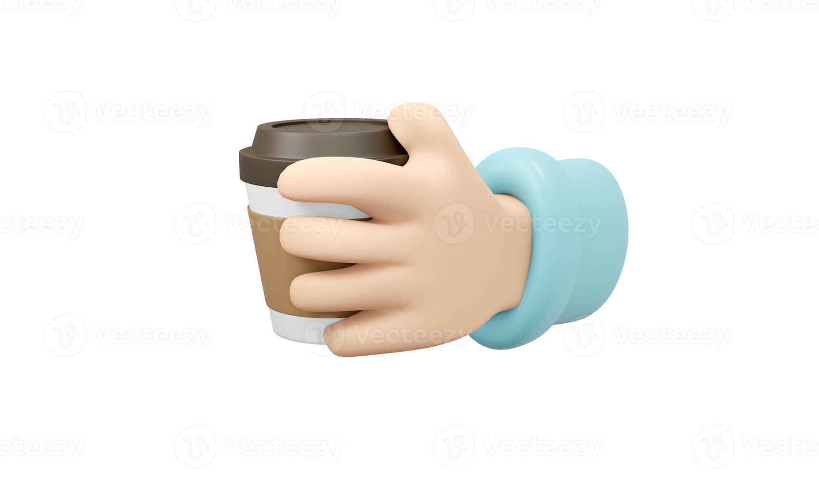 3D Rendering of hand holding cup of takeaway coffee isolate on white background. 3D Render illustration cartoon style. photo