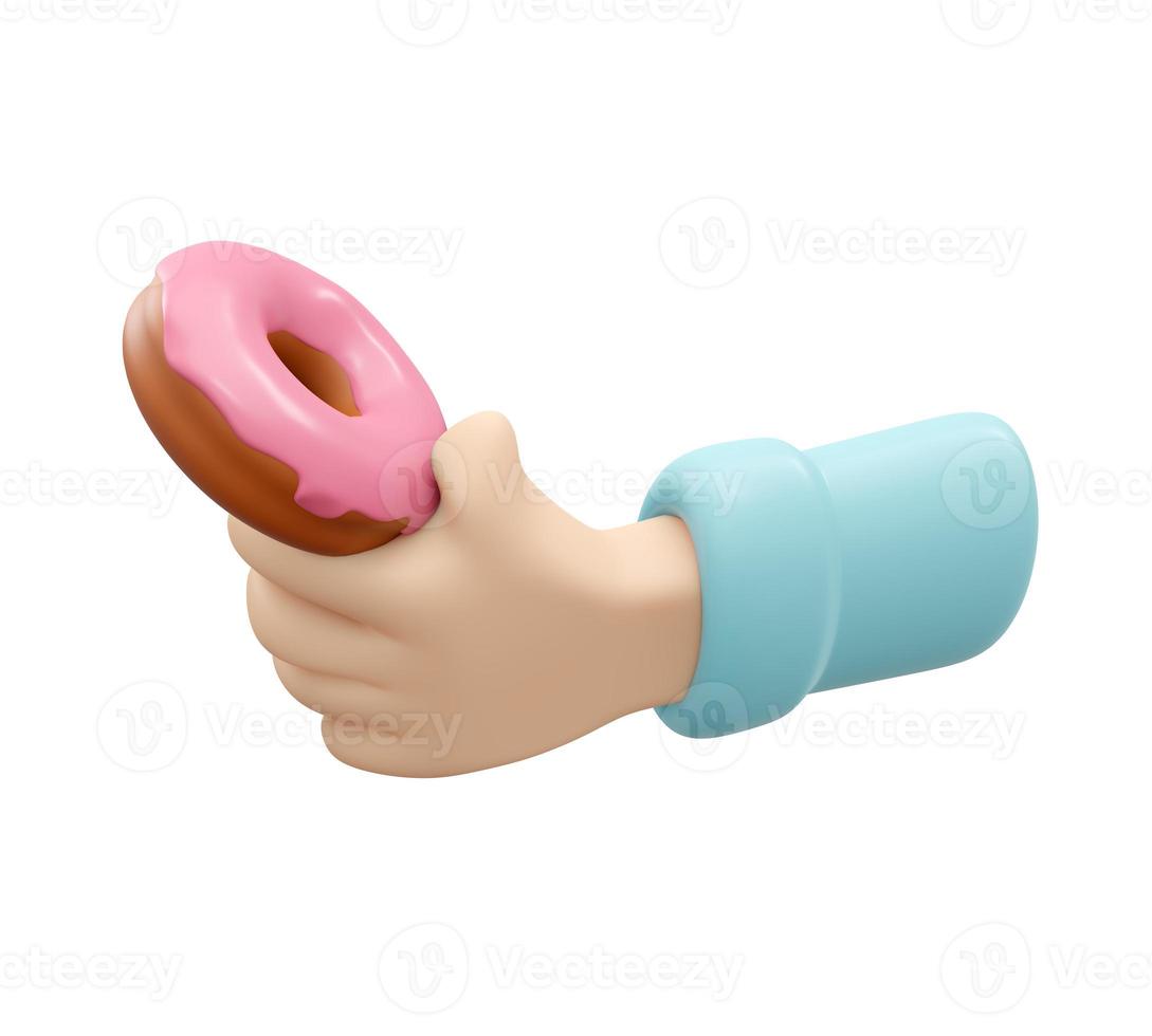 3D Rendering of hand holding pink doughnut isolate on white background. 3D Render illustration cartoon style. photo