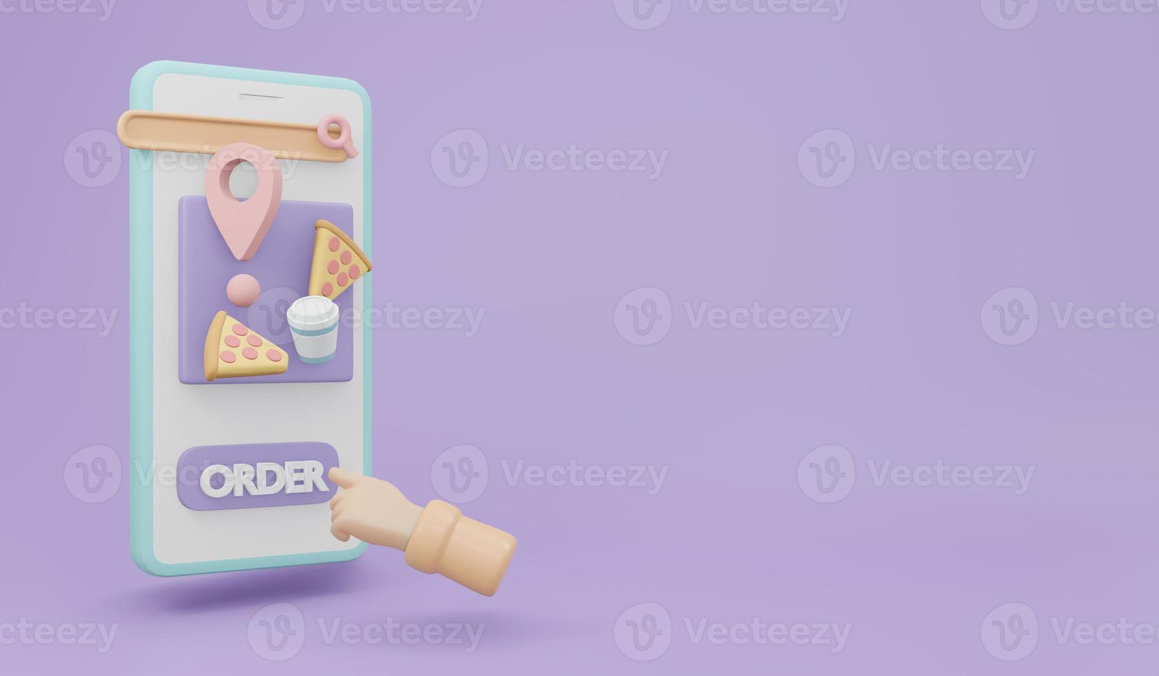 3D Rendering of Phone with food and order button with copy space on background for commercial concept of online food delivery. 3D Render illustration cartoon style. photo