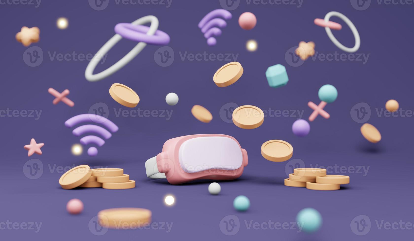 3D Rendering of metaverse glasses and money coins concept of digital money on background. 3D render illustration cartoon style. photo