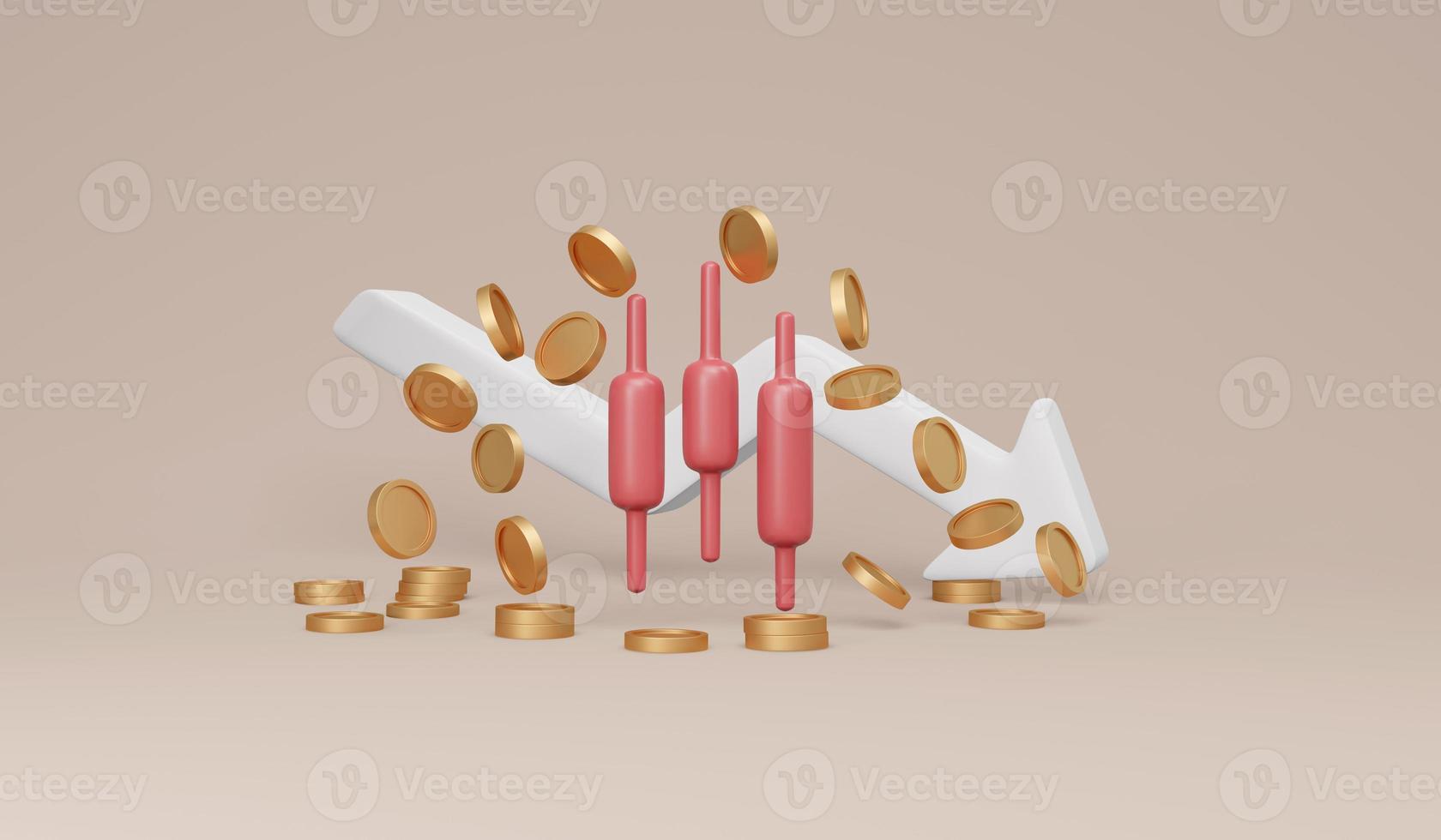 3D Rendering of minimal trading graph crash down in red with coins and arrow pointing down on background concept of stock market data analysis trend in stock market. 3D Render illustration. photo