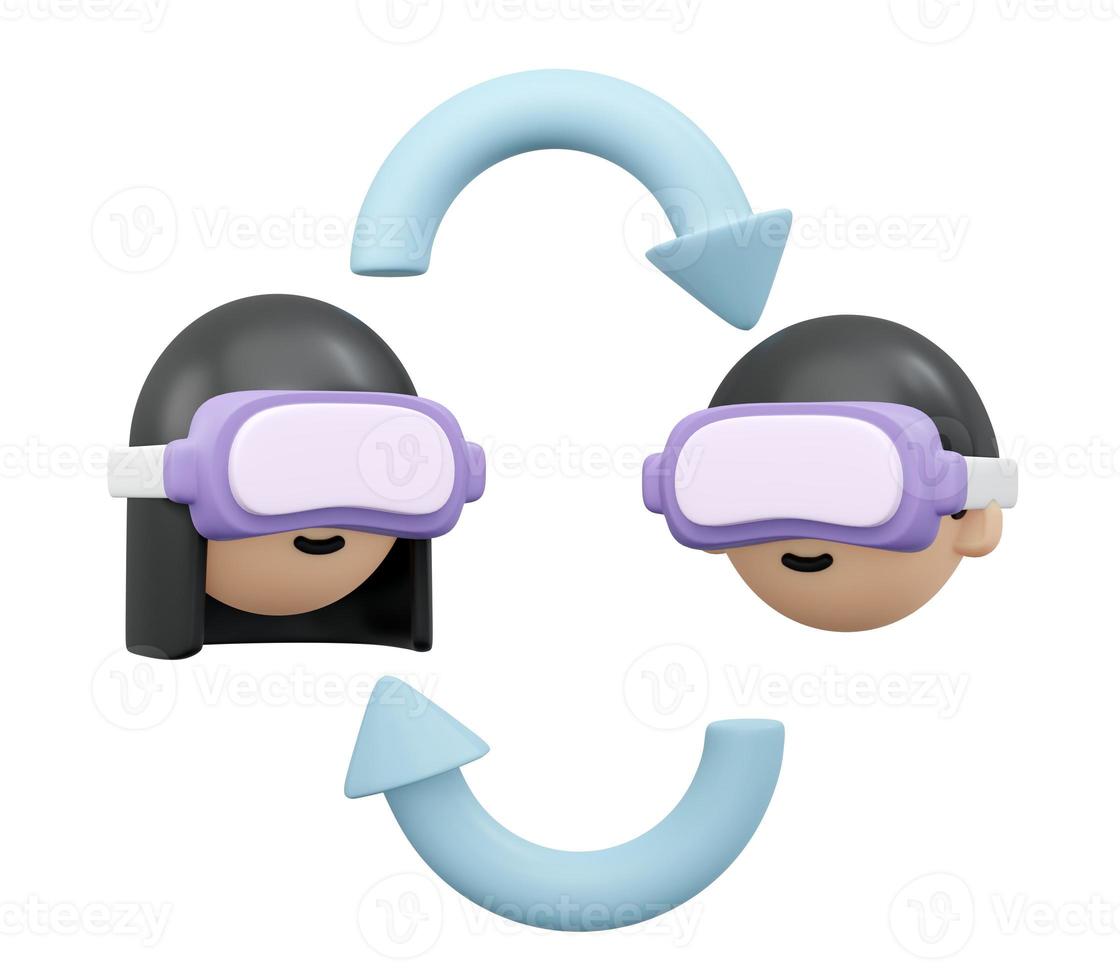3D Rendering of boy and girl with VR metaverse glasses and global icon concept of online technology photo