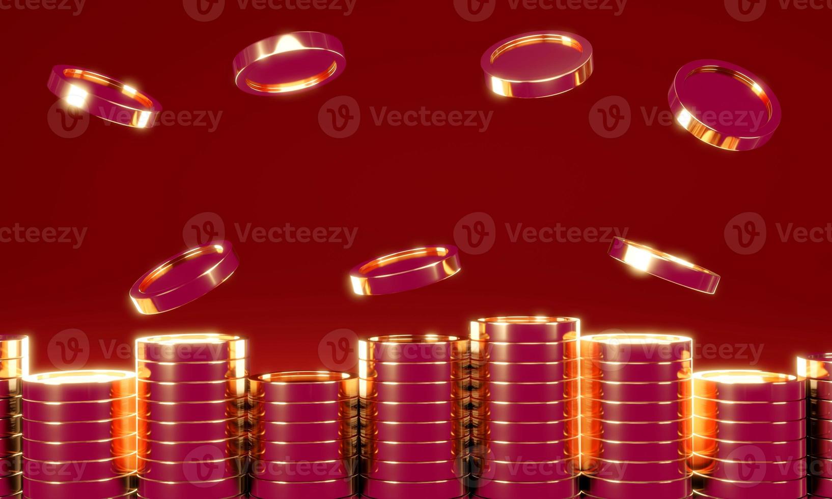3D Rendering of golden coin on red background, banner, card, poster concept of wealthy with space for text. 3D Render illustration cartoon style. photo