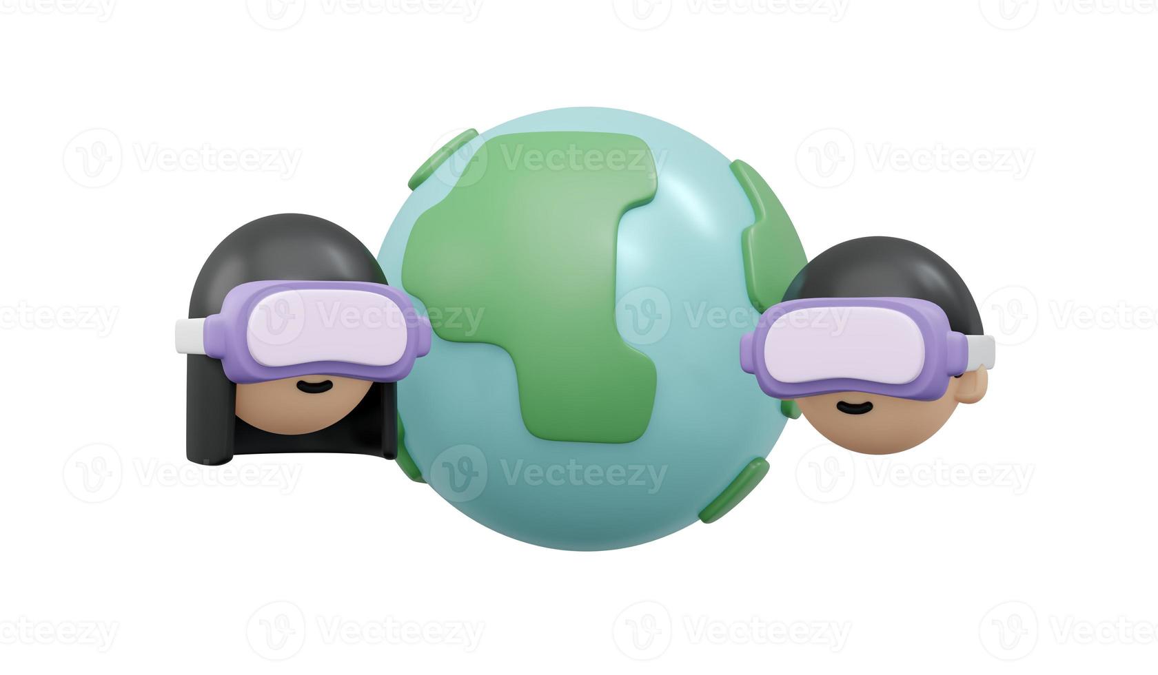 3D Rendering of boy and girl with VR metaverse glasses and golbal icon concept of online technology worldwide exchange information isolate on white background. 3D Render illustration cartoon style. photo